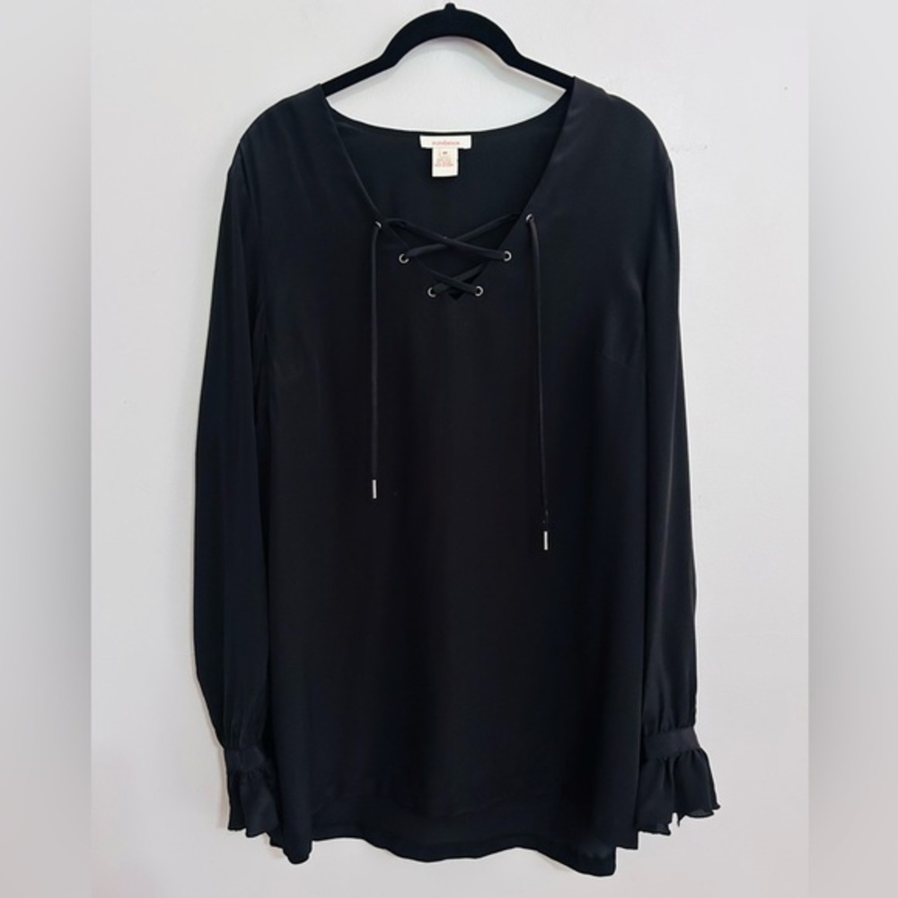 Sundance 100% Silk Peasant Lace-Up Blouse Black Size M Minimalist Basics Boho